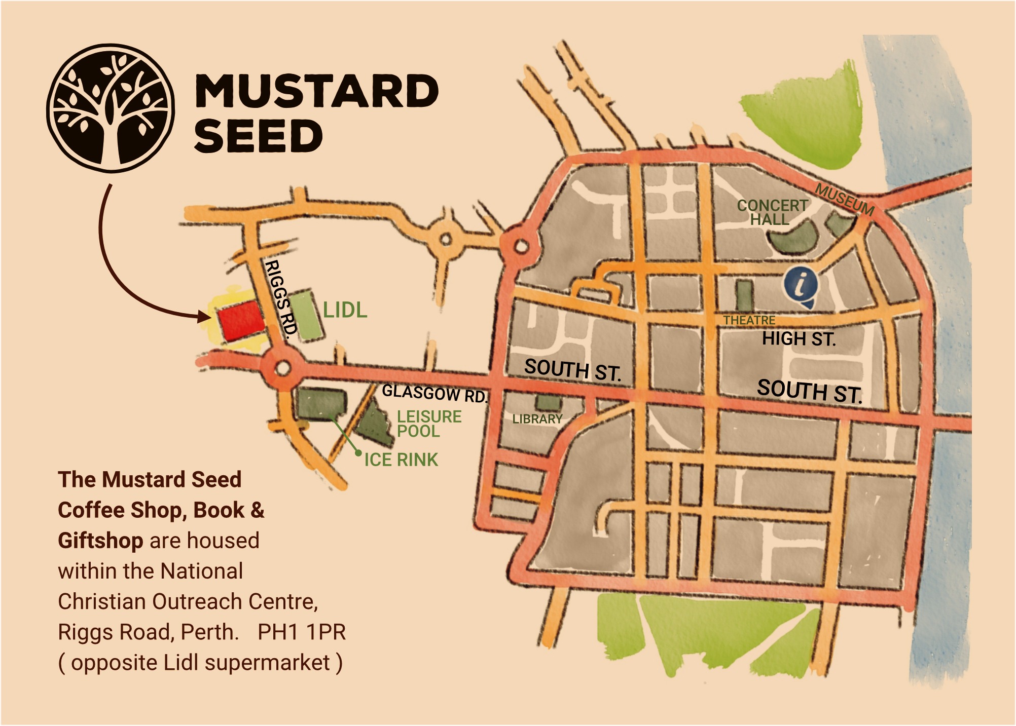 Illustrated map of Mustard Seed in Perth, opposite Lidl on Riggs Road